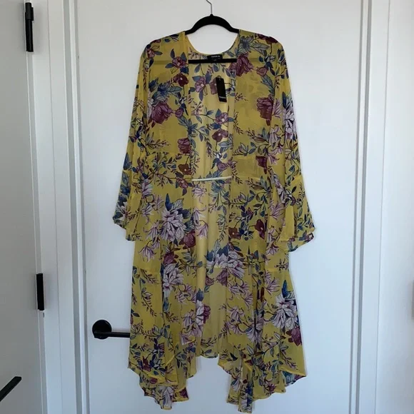 Torrid Yellow Floral Prints Chiffon Maxi Duster Kimono - Picture 4 of 10